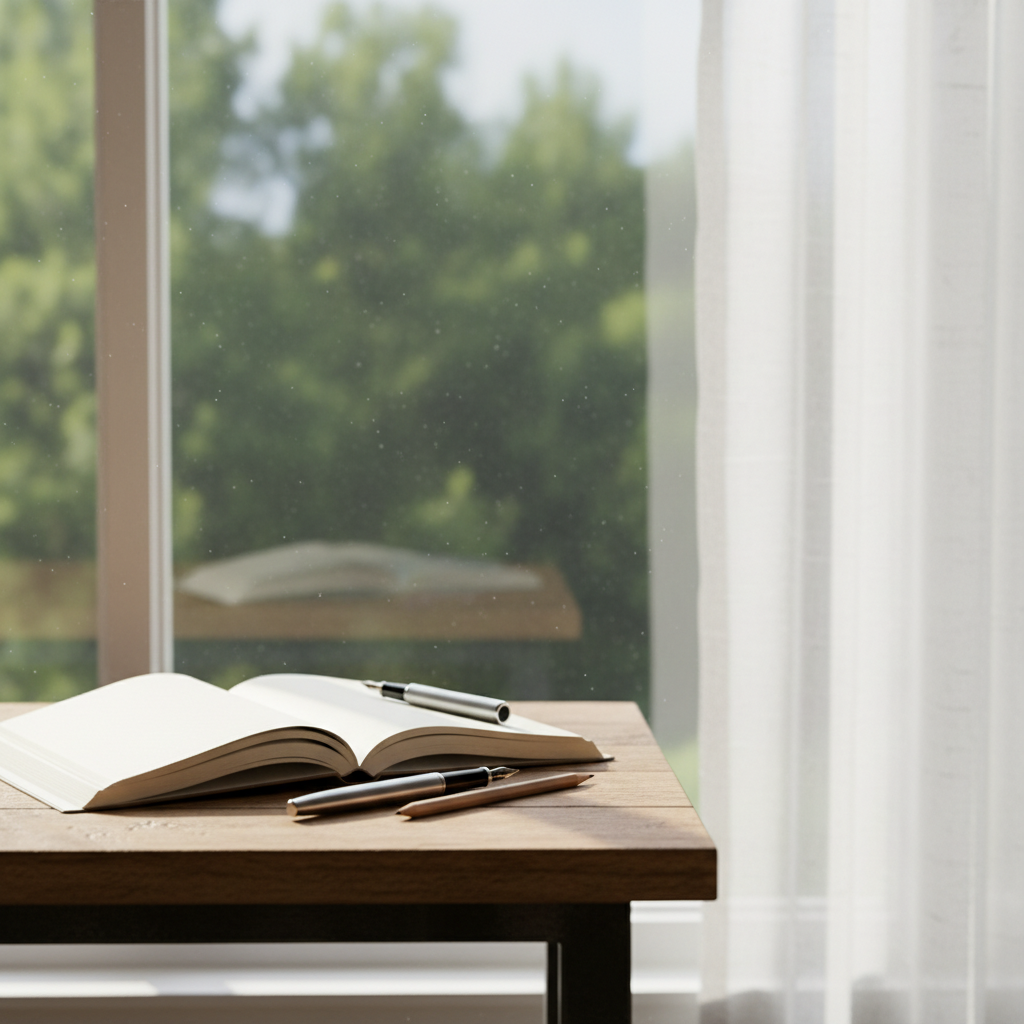 Öppen anteckningsbok och pennor på ett trä skrivbord bredvid ett fönster med mjukt naturligt ljus