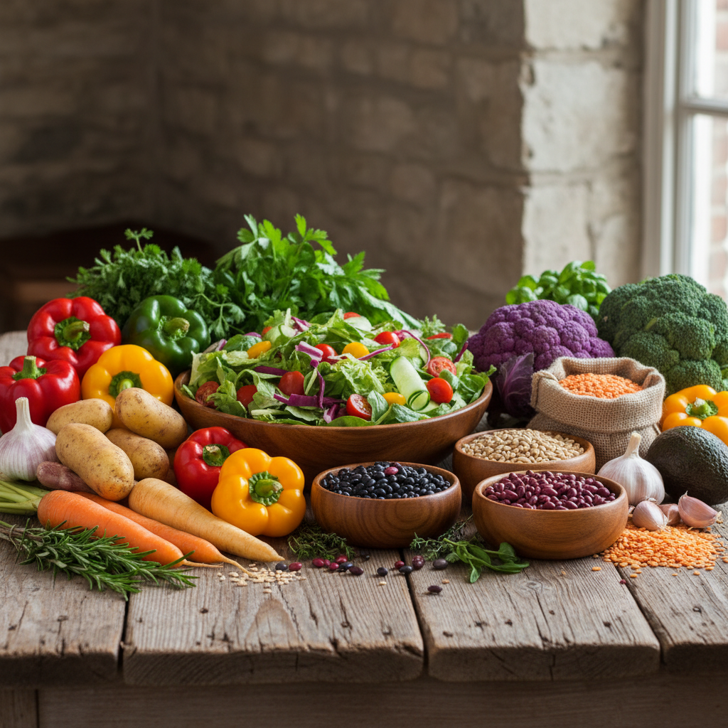 Urval av råa ingredienser inklusive grönsaker och baljväxter på ett rustikt träbord