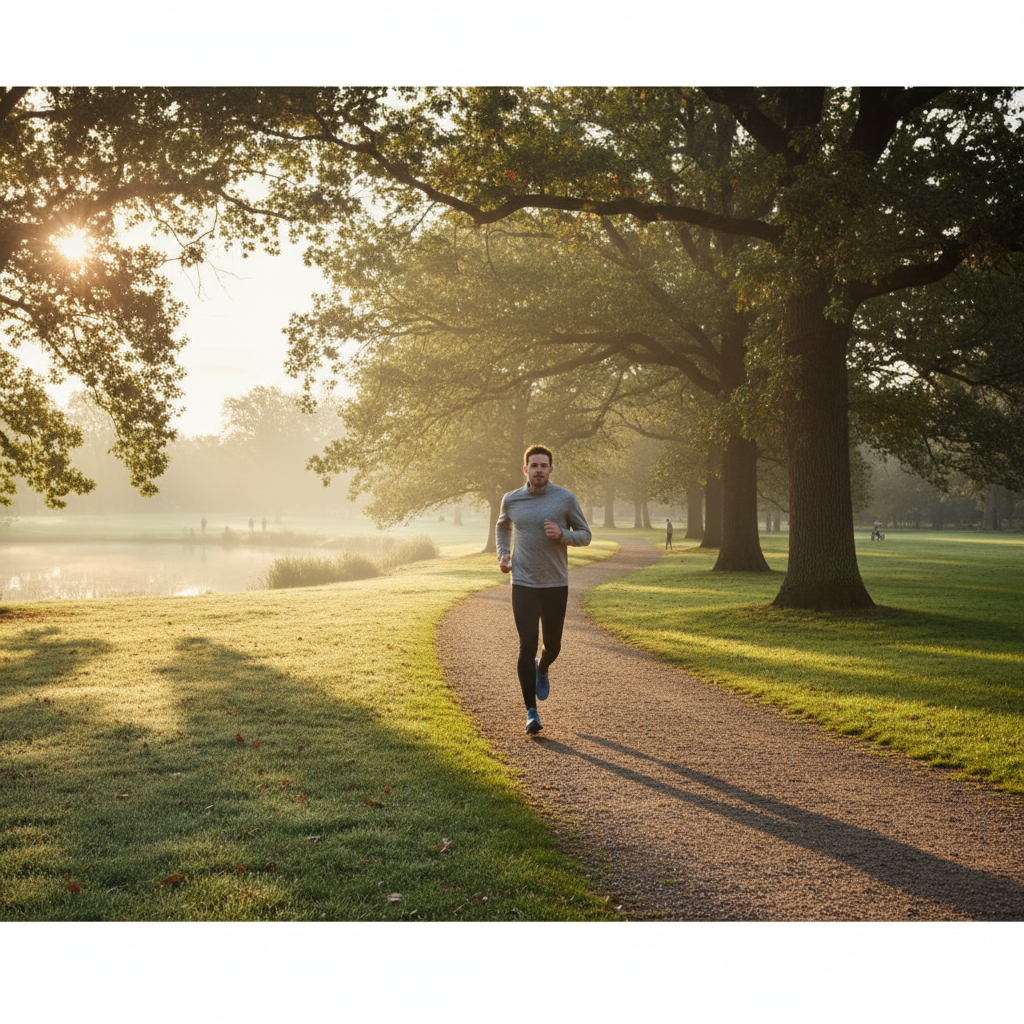 Man i rörelse utomhus under tidig morgon i ett parklandskap med mjukt ljus