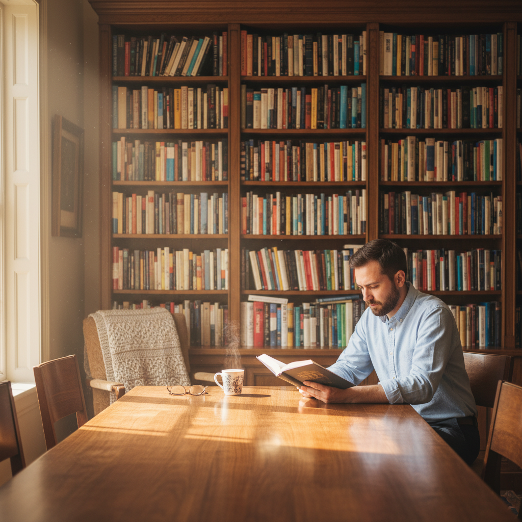 Man som sitter vid ett träbord och läser i ett rum med varmt naturligt ljus och böcker i bakgrunden