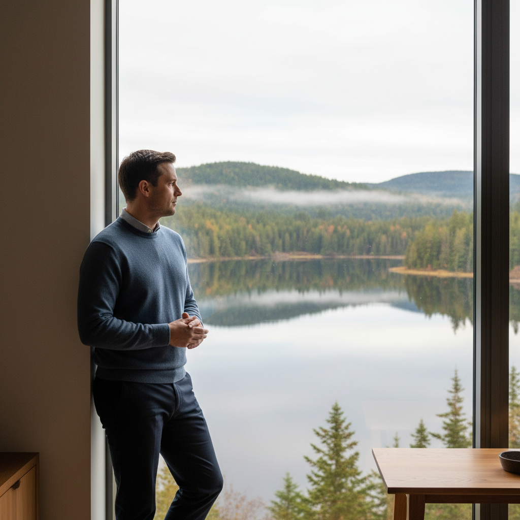 Man i avslappnad ställning nära ett fönster med utsikt mot en lugn natur, i kontemplation