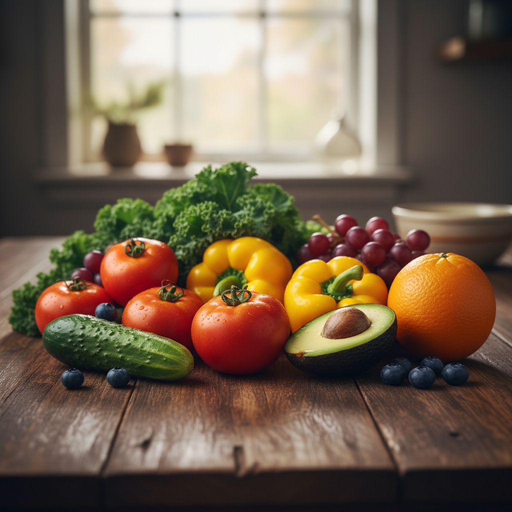 Närbild av färska grönsaker och frukter på ett mörkt träbord i naturligt ljus